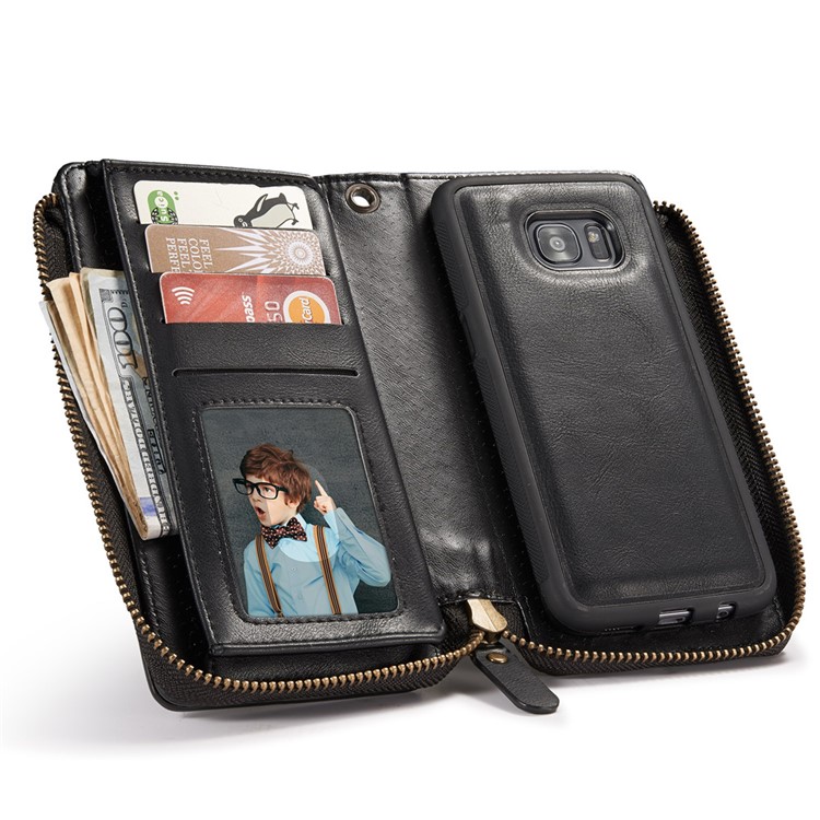 Vintage Zipper Wallet Leather Cell Phone Case with Detachable TPU Back Cover for Samsung Galaxy S7 edge G935 - Black-5