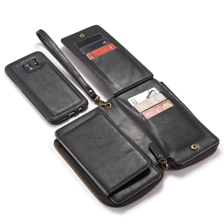 Vintage Zipper Wallet Leather Cell Phone Case with Detachable TPU Back Cover for Samsung Galaxy S7 edge G935 - Black-6