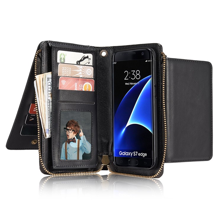 Vintage Zipper Wallet Leather Cell Phone Case with Detachable TPU Back Cover for Samsung Galaxy S7 edge G935 - Black-7