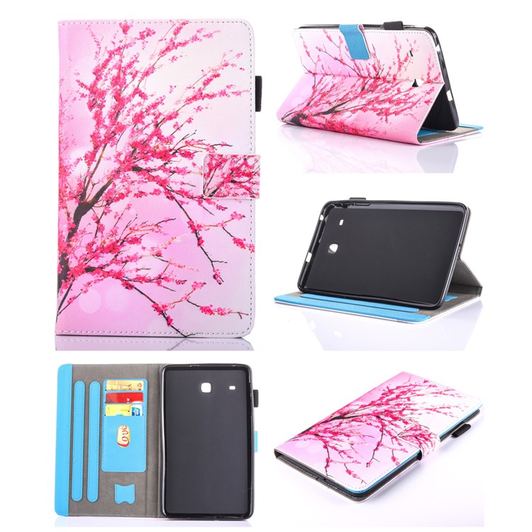 Patterned Stand Leather Card Slots Tablet Case for Samsung Galaxy Tab E 8.0 T375 T377 T377 - Plum Blossom-1