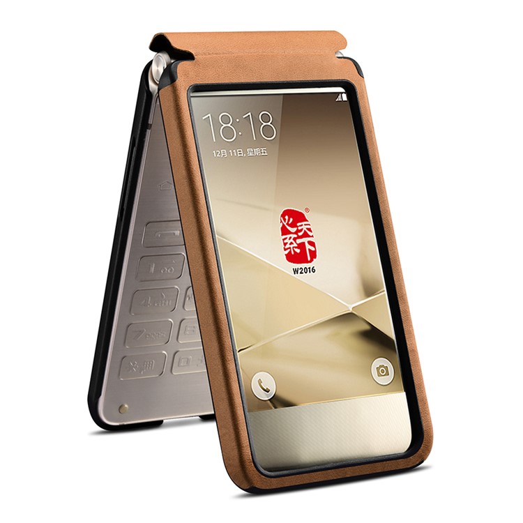 XOOMZ for Samsung W2016 Front View Window Genuine Leather Phone Case - Khaki-1