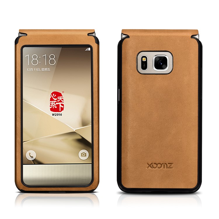 XOOMZ for Samsung W2016 Front View Window Genuine Leather Phone Case - Khaki-13
