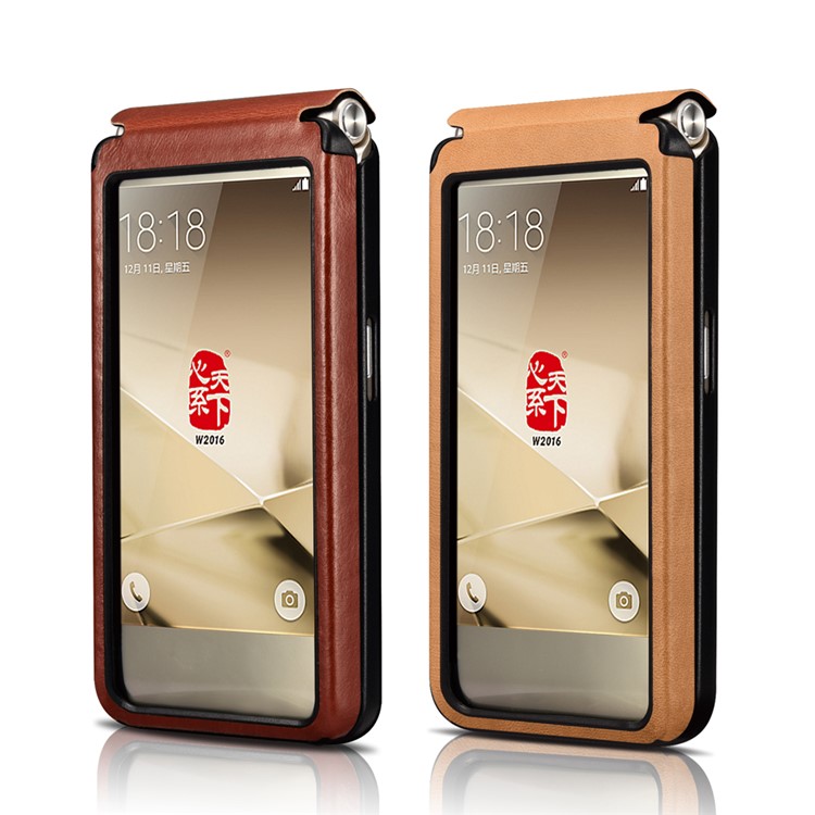 XOOMZ for Samsung W2016 Front View Window Genuine Leather Phone Case - Khaki-14