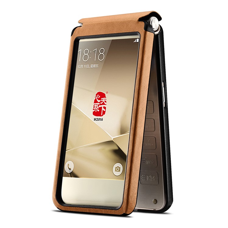 XOOMZ for Samsung W2016 Front View Window Genuine Leather Phone Case - Khaki-3