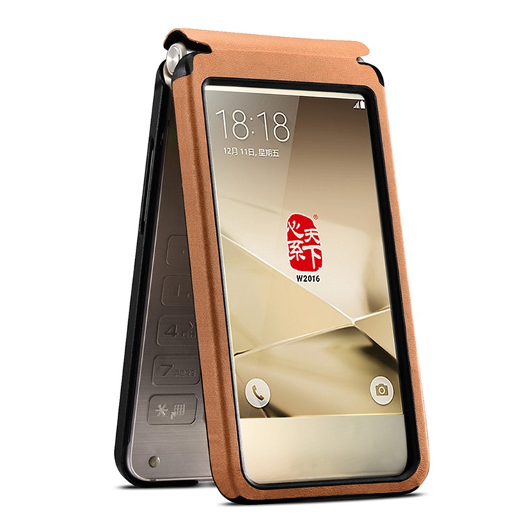 XOOMZ for Samsung W2016 Front View Window Genuine Leather Phone Case - Khaki-4