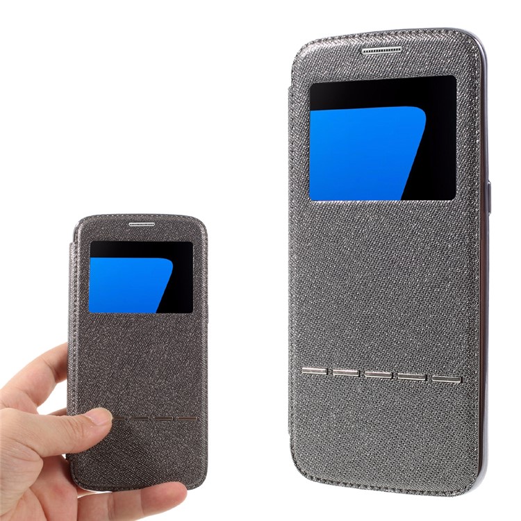 Slide to Answer Plating Flip Leather Phone Case with View Window for Samsung Galaxy S7 edge G935 - Grey-1