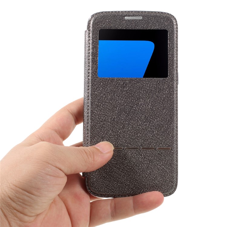 Slide to Answer Plating Flip Leather Phone Case with View Window for Samsung Galaxy S7 edge G935 - Grey-6