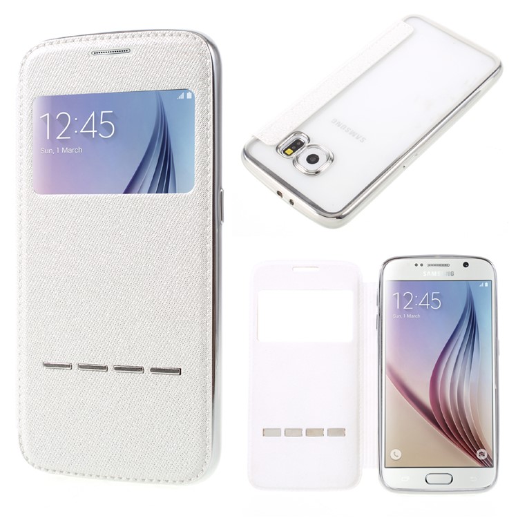 Sliding Answer Window Glitter Leather Phone Case for Samsung Galaxy S6 G920 - White-1