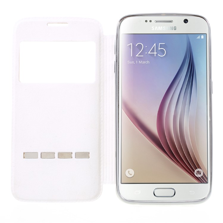 Sliding Answer Window Glitter Leather Phone Case for Samsung Galaxy S6 G920 - White-5