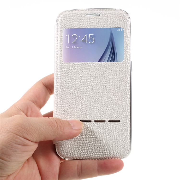 Sliding Answer Window Glitter Leather Phone Case for Samsung Galaxy S6 G920 - White-8