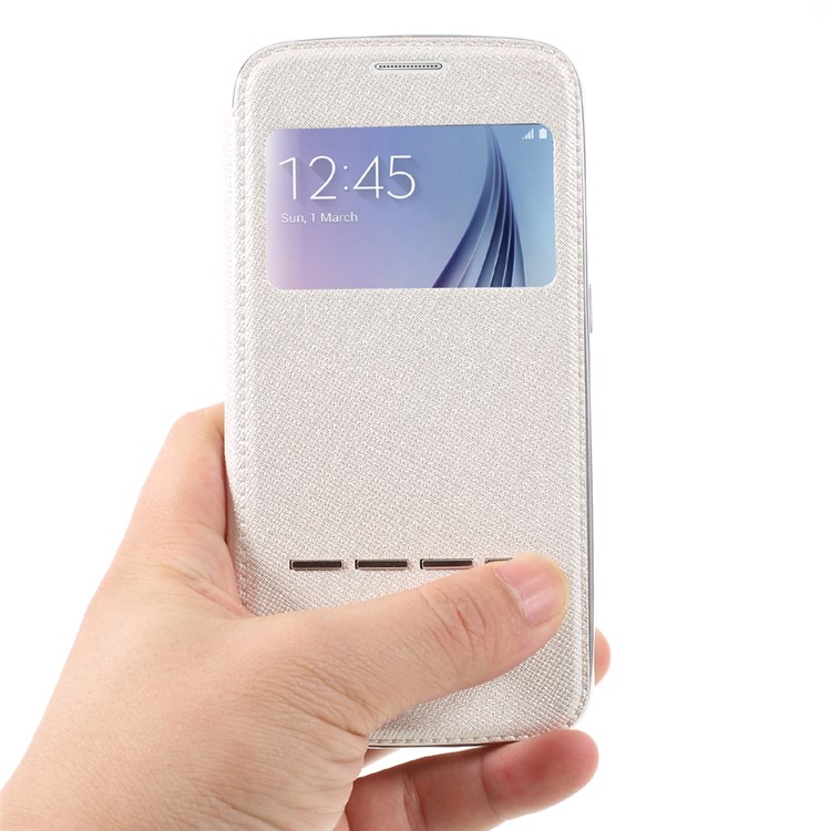 Sliding Answer Window Glitter Leather Phone Case for Samsung Galaxy S6 G920 - White-9