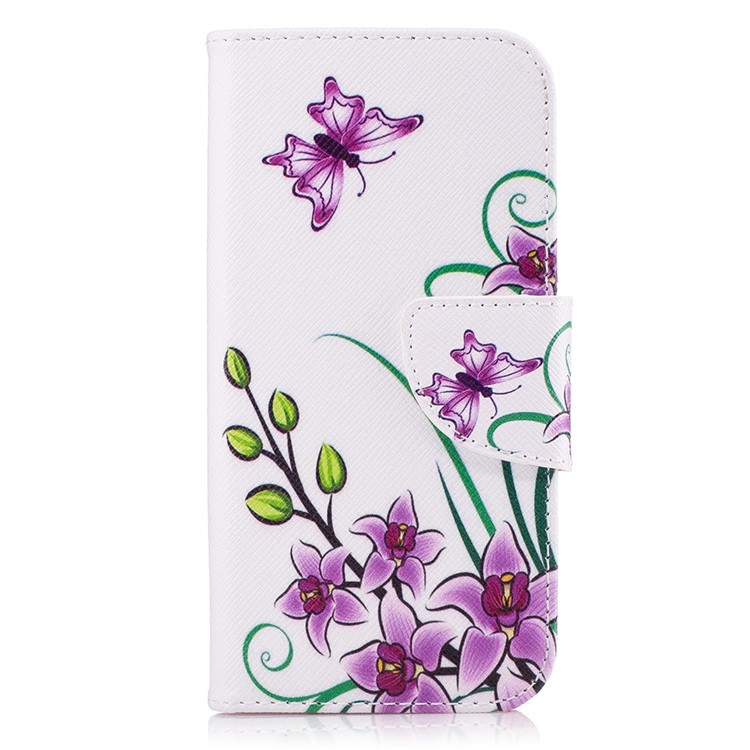 Mochila em couro padronizada Estojo móvel para Samsung Galaxy A3(2017) - Flores de borboleta roxa-2