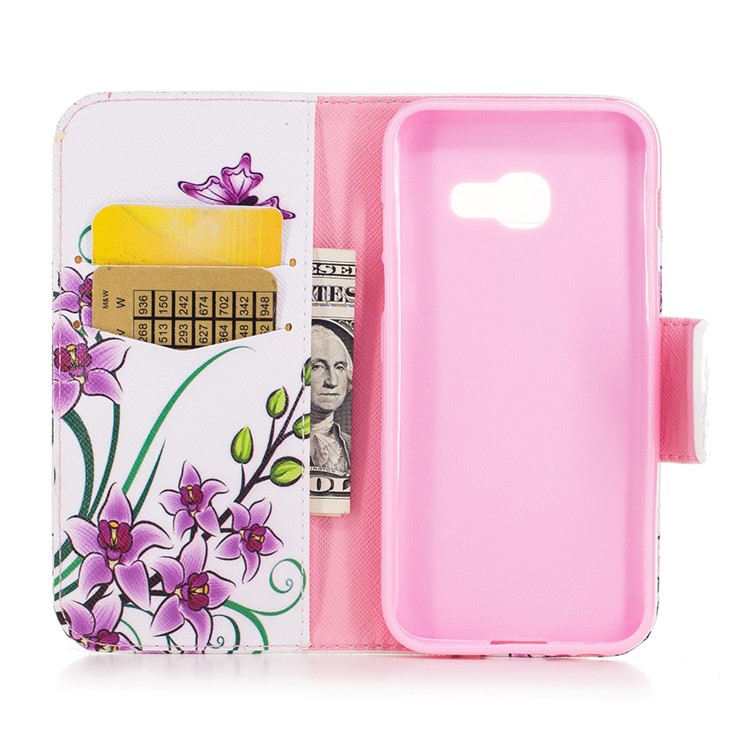 Mochila em couro padronizada Estojo móvel para Samsung Galaxy A3(2017) - Flores de borboleta roxa-4