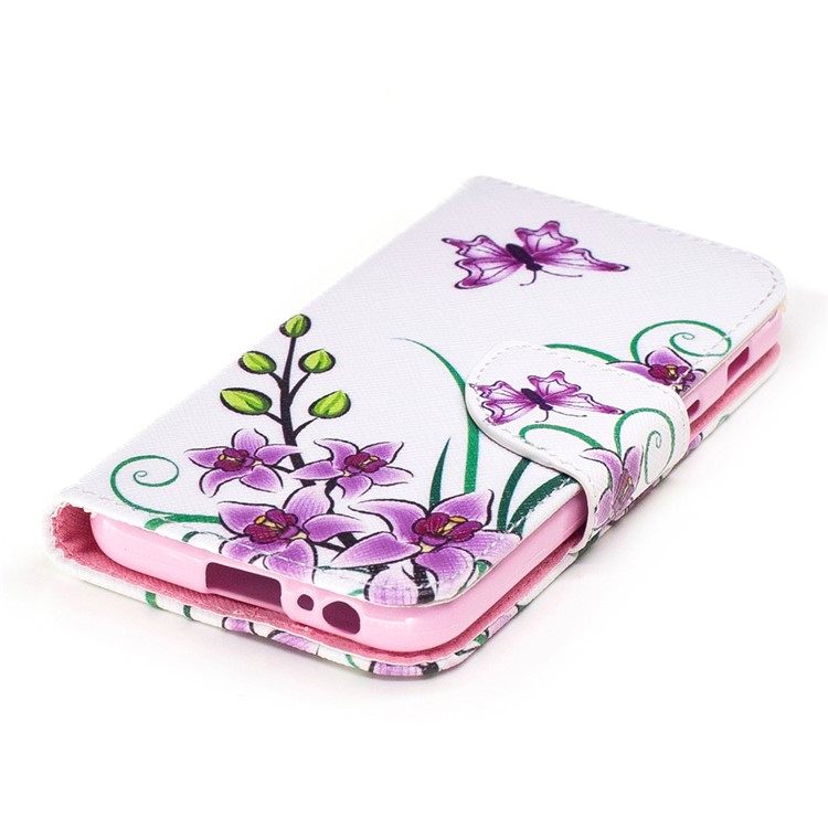 Mochila em couro padronizada Estojo móvel para Samsung Galaxy A3(2017) - Flores de borboleta roxa-5