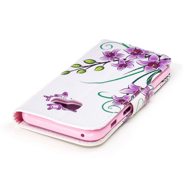 Mochila em couro padronizada Estojo móvel para Samsung Galaxy A3(2017) - Flores de borboleta roxa-6