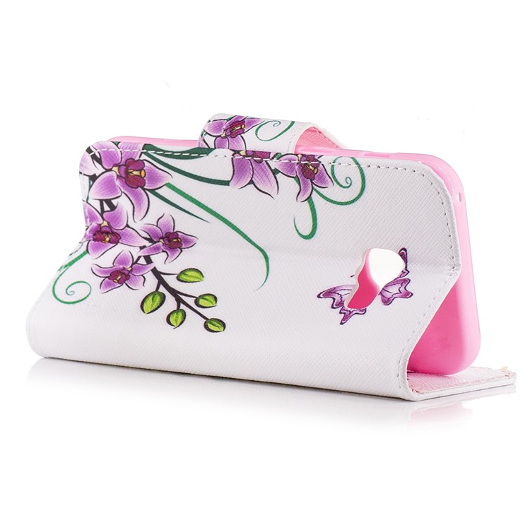Mochila em couro padronizada Estojo móvel para Samsung Galaxy A3(2017) - Flores de borboleta roxa-7