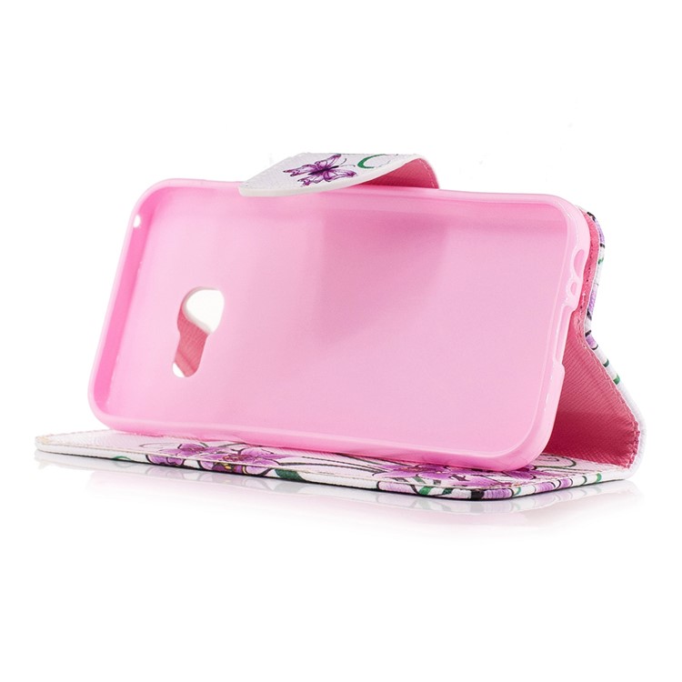 Mochila em couro padronizada Estojo móvel para Samsung Galaxy A3(2017) - Flores de borboleta roxa-8