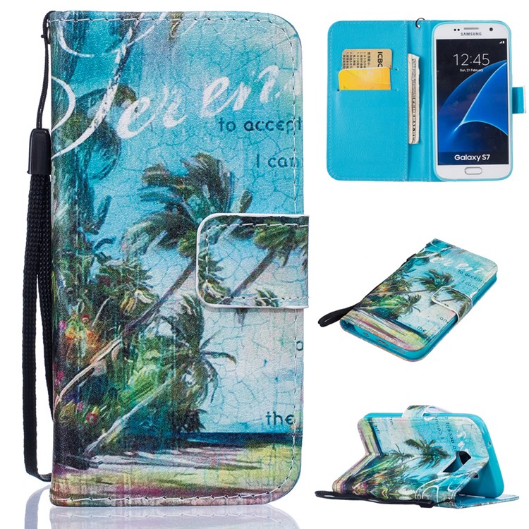 Embossed Wallet Leather Phone Case with Wrist Strap for Samsung Galaxy S7 G930 - Coconut Trees and Beach-1
