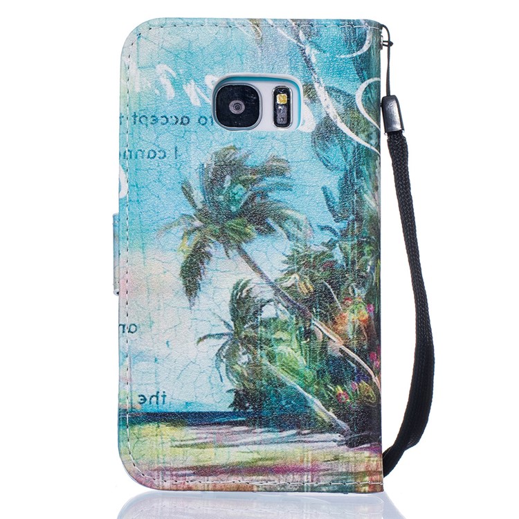 Embossed Wallet Leather Phone Case with Wrist Strap for Samsung Galaxy S7 G930 - Coconut Trees and Beach-3
