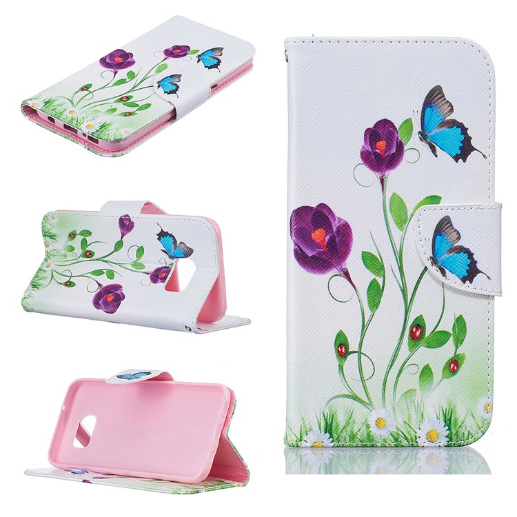 Patterned Wallet Leather Mobile Case for Samsung Galaxy S7 Edge G935 - Purple Flowers & Blue Butterflies-1