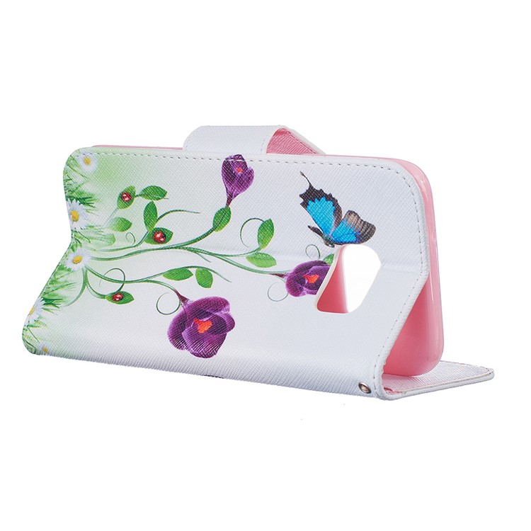 Patterned Wallet Leather Mobile Case for Samsung Galaxy S7 Edge G935 - Purple Flowers & Blue Butterflies-5