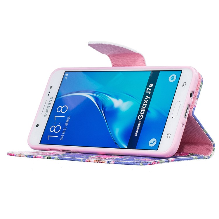For Samsung Galaxy J7 (2016) J710 Pattern Printing Leather Wallet Mobile Stand Case - Peony-4