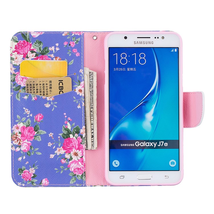 For Samsung Galaxy J7 (2016) J710 Pattern Printing Leather Wallet Mobile Stand Case - Peony-8