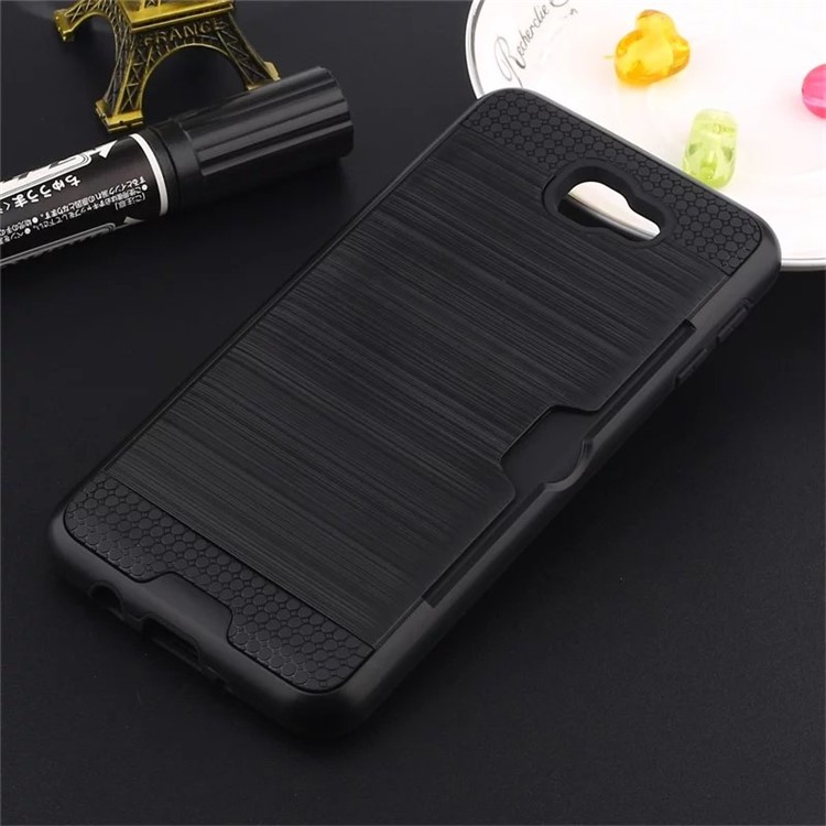 Brushed PC + TPU Hybrid Cell Phone Case for Samsung Galaxy J7 Prime/On7 2016 with Card Holder - Black-1