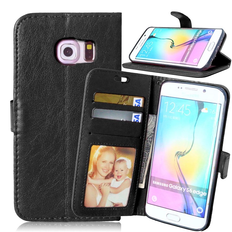 3 Card Slots Wallet Leather Phone Case for Samsung Galaxy S6 edge G925 - Black-1