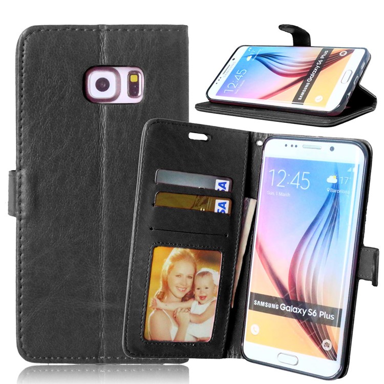 3 Card Slots Wallet Stand Leather Case for Samsung Galaxy S6 edge Plus G928 - Black-1