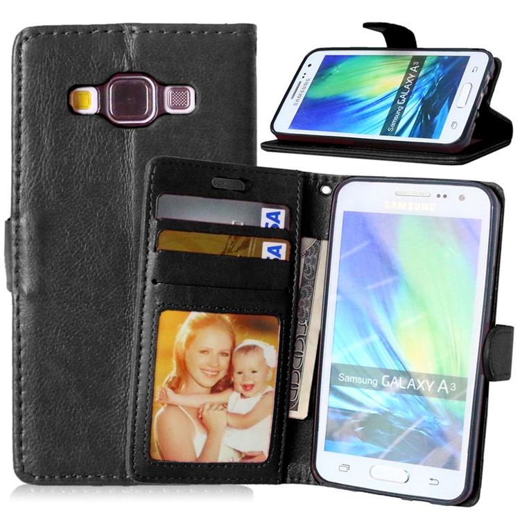 Crazy Horse Leather Wallet Case for Samsung Galaxy A3 SM-A300F - Black-1