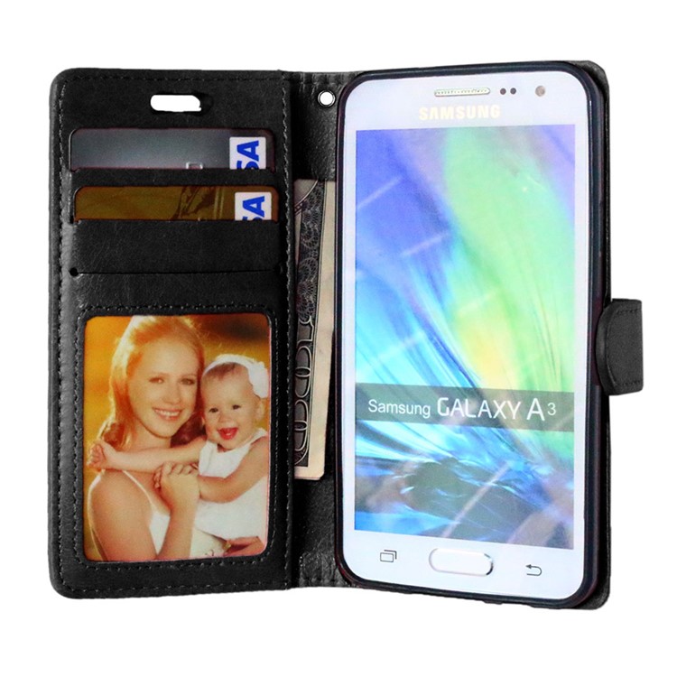 Crazy Horse Leather Wallet Case for Samsung Galaxy A3 SM-A300F - Black-6