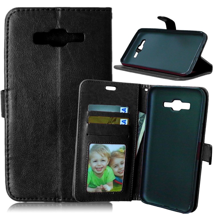 3 Card Slots Leather Flip Stand Phone Case for Samsung Galaxy J7 SM-J700F - Black-1