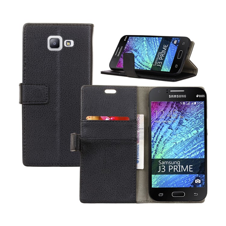 Litchi Grain Leather Wallet Phone Case for Samsung Galaxy J3 Prime - Black-1