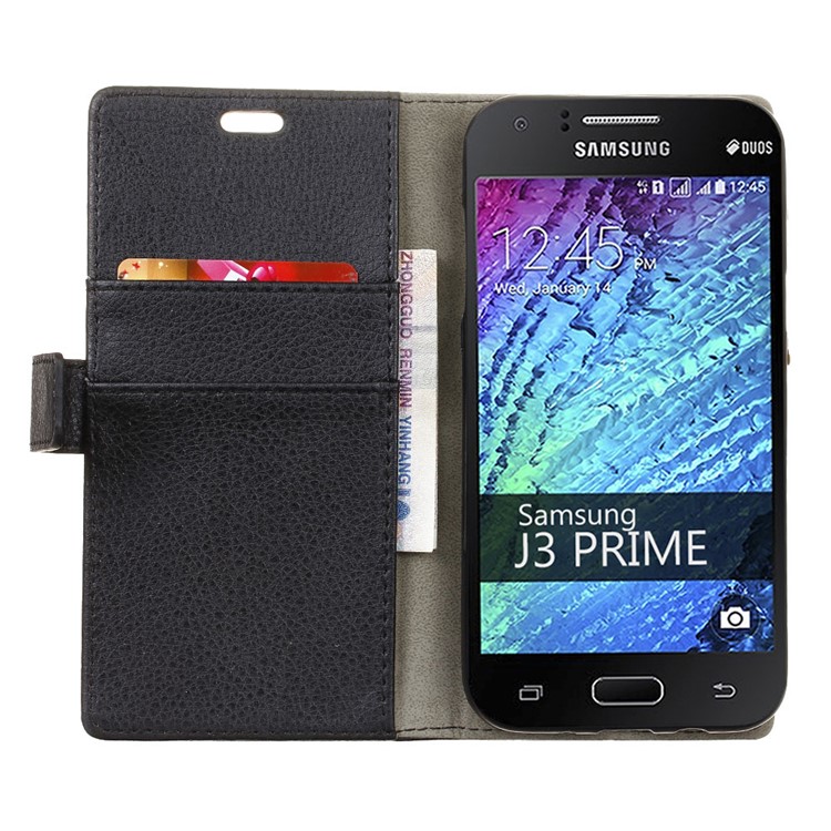 Litchi Grain Leather Wallet Phone Case for Samsung Galaxy J3 Prime - Black-7