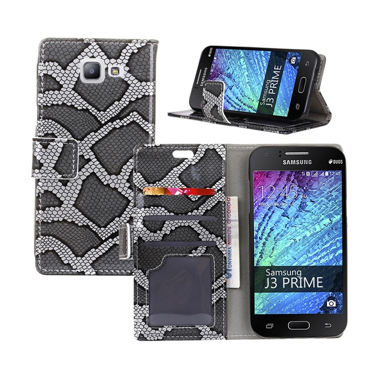 Snake Skin Leather Wallet Mobile Phone Case for Samsung Galaxy J3 Prime - Grey-1