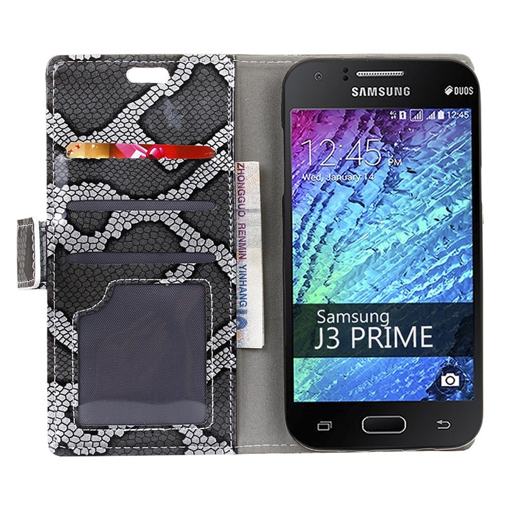 Snake Skin Leather Wallet Mobile Phone Case for Samsung Galaxy J3 Prime - Grey-7