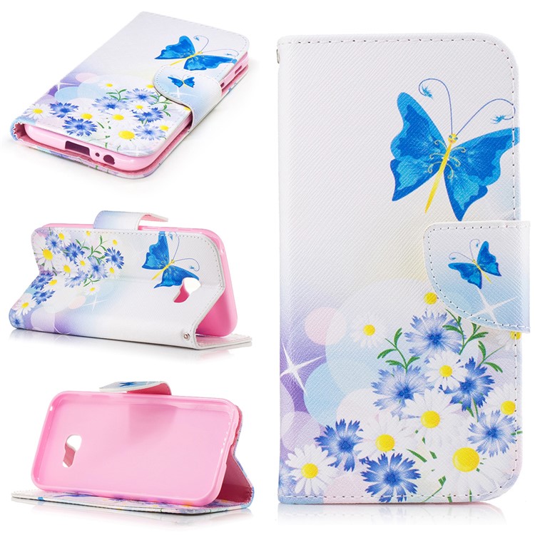 For Samsung Galaxy A5 (2017) Patterned Leather Wallet Mobile Stand Case - Flowers and Blue Butterflies-1