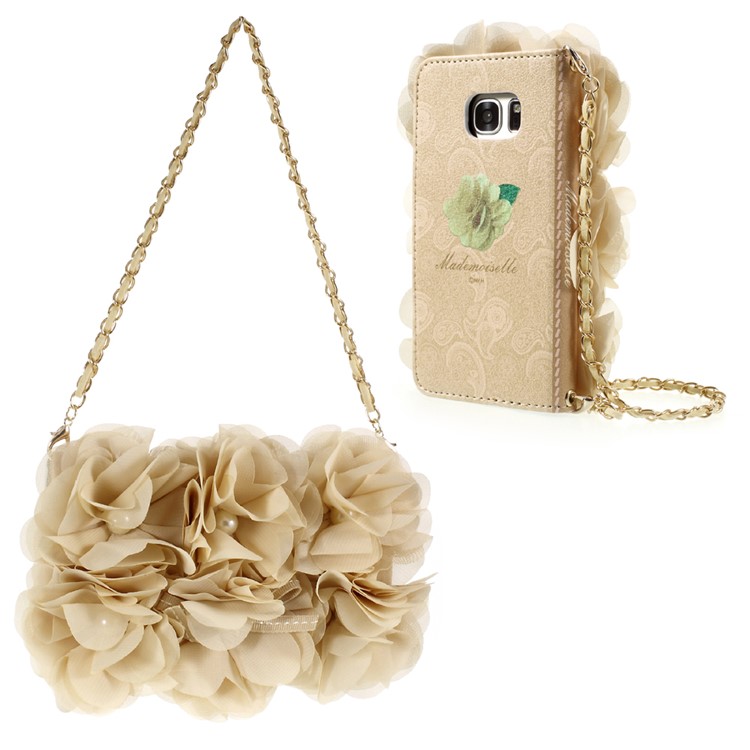 3D Roses Decor Leather Wallet Mobile Case with Gold Handy Lanyard for Samsung Galaxy S7 G930 - Beige-1