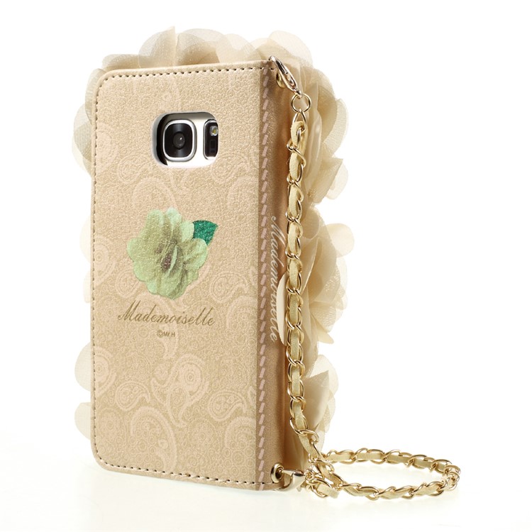 3D Roses Decor Leather Wallet Mobile Case with Gold Handy Lanyard for Samsung Galaxy S7 G930 - Beige-4