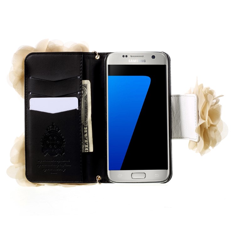 3D Roses Decor Leather Wallet Mobile Case with Gold Handy Lanyard for Samsung Galaxy S7 G930 - Beige-7