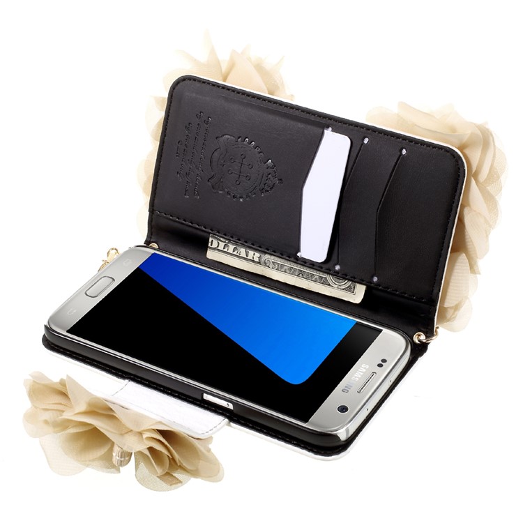 3D Roses Decor Leather Wallet Mobile Case with Gold Handy Lanyard for Samsung Galaxy S7 G930 - Beige-8