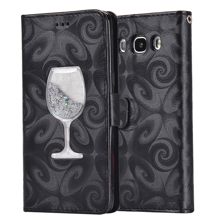 Spiral Texture Wineglass Quick Sand Leather Wallet Phone Case for Samsung Galaxy J5 (2016) SM-J510 - Black-1