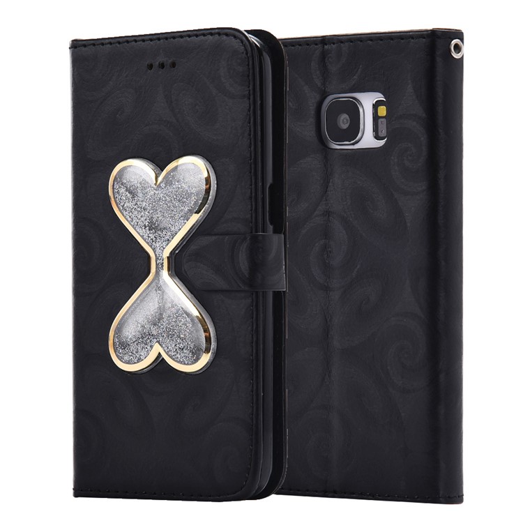 Spiral Texture Double-heart Quick Sand Leather Wallet Mobile Case for Samsung Galaxy S7 G930 - Black-1