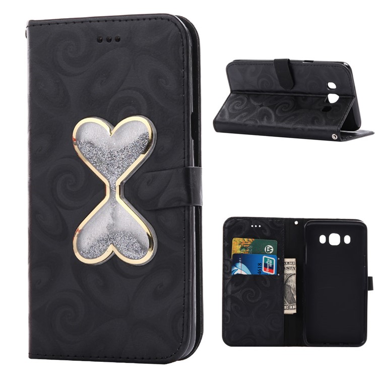 Double-heart Dynamic Quick Sand Spiral Texture Leather Wallet Case for Samsung Galaxy J7 (2016) J710 - Black-1