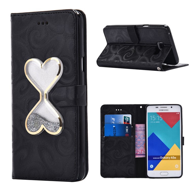 Dynamic Dual-heart Quick Sand Spiral Texture Leather Wallet Case for Samsung Galaxy A5 SM-A510F (2016) - Black-1