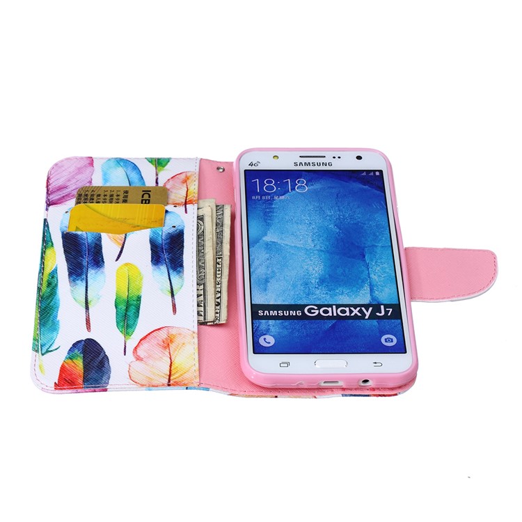 Printing Pattern Leather Wallet Cover for Samsung Galaxy J7 SM-J700F - Colorful Feathers-3