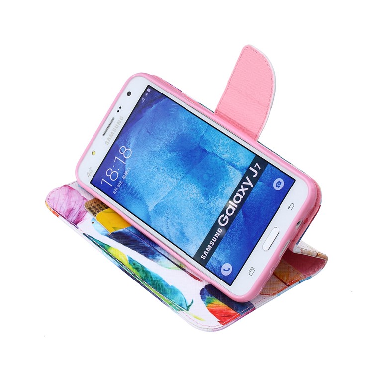 Printing Pattern Leather Wallet Cover for Samsung Galaxy J7 SM-J700F - Colorful Feathers-5