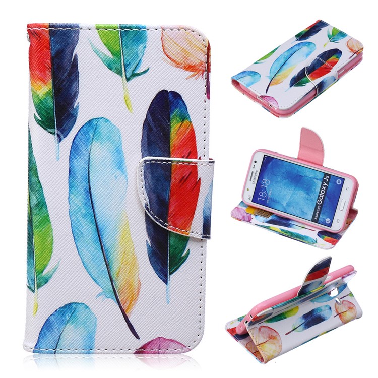 

Pattern Printing Leather Wallet Mobile Case for Samsung Galaxy J5 SM-J500F - Colorized Feathers