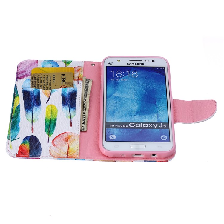 Pattern Printing Leather Wallet Mobile Case for Samsung Galaxy J5 SM-J500F - Colorized Feathers-5